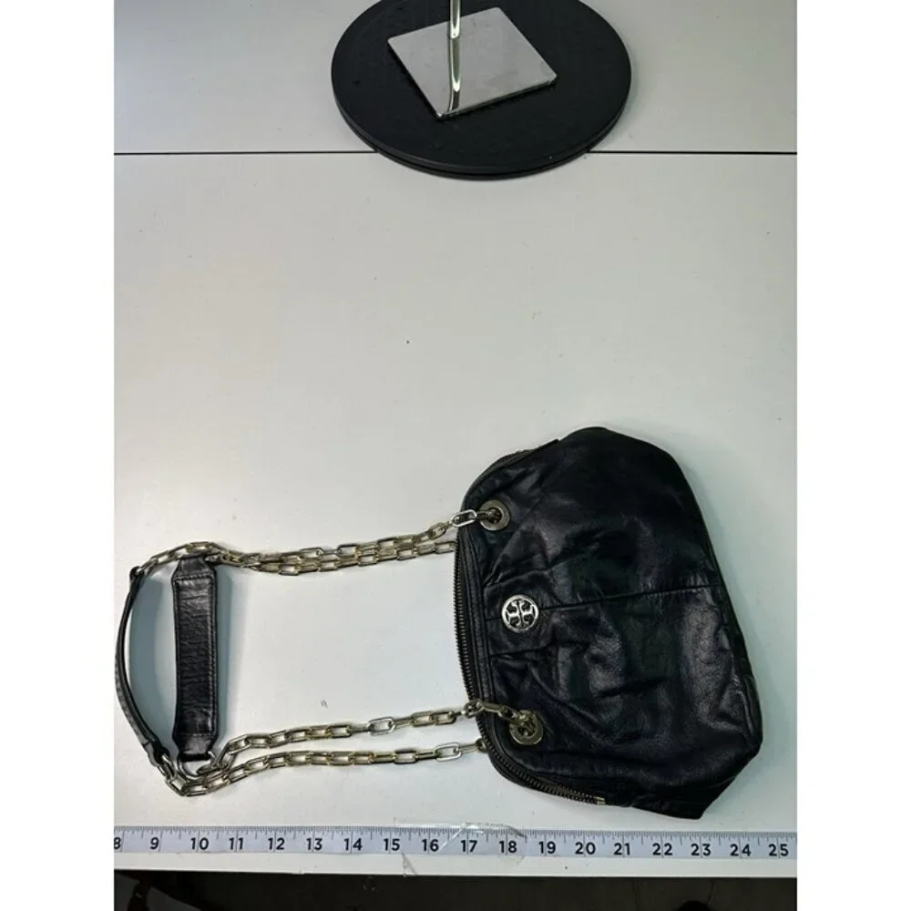 Tory Burch Dena Mini Black Crinkle Leather Crossbody Chain Bag